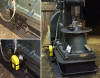 Used oil recovery catch containers on side of air hammer workstand.